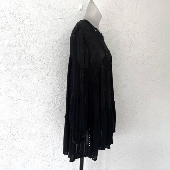 Free People Kiss Kiss Lace Inset Long Sleeve A-line Tunic Dress in Black XSmall - Picture 3 of 11